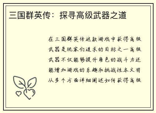 三国群英传：探寻高级武器之道